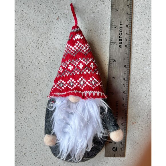 Nordic Style Christmas Gnome Ornament With Red & White Knit Hat And Faux Fur Bea - Picture 1 of 4